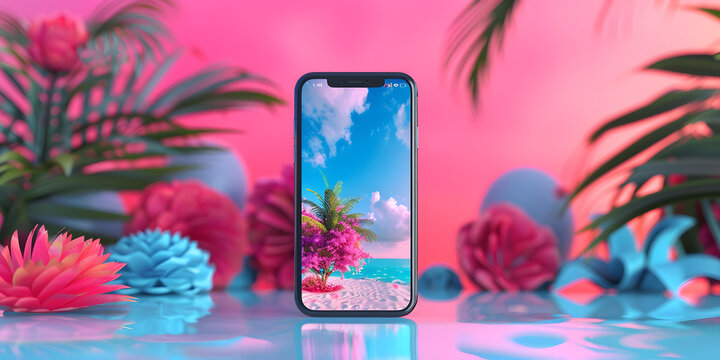 熱帶海灘手機壁紙，棕櫚樹和花朵
