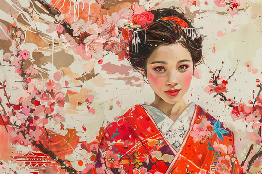 一個身穿和服的日本女人的插圖，背景是櫻花