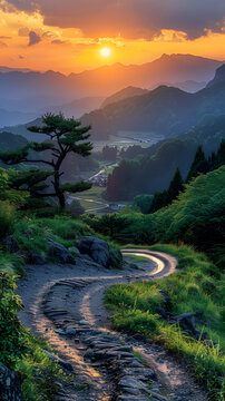 夕陽下的山間小路