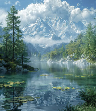 寧靜的霧氣山間湖泊