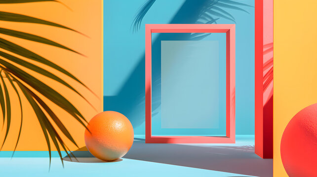 極簡夏季場景，橙色，棕櫚葉和框架