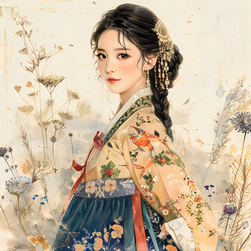 身穿韓國(guó)傳統(tǒng)服飾的美麗韓國(guó)女性，背景有花朵