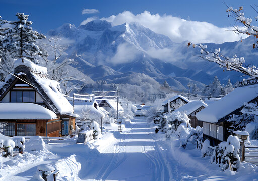 雪后村莊街道雪景