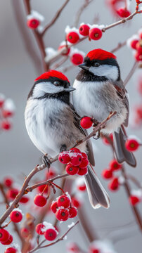 兩只鳥在結滿紅漿果的樹枝上