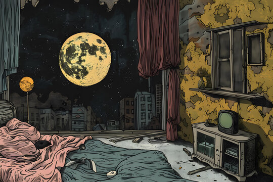 凌亂臥室窗戶外的夜景