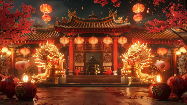 中國(guó)傳統(tǒng)建筑牌坊與石獅子