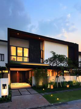 現(xiàn)代建筑風格房屋外觀設計, 石墻和綠草