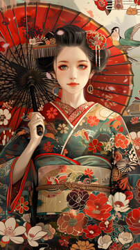 身穿和服撐著紅傘的美麗日本女子