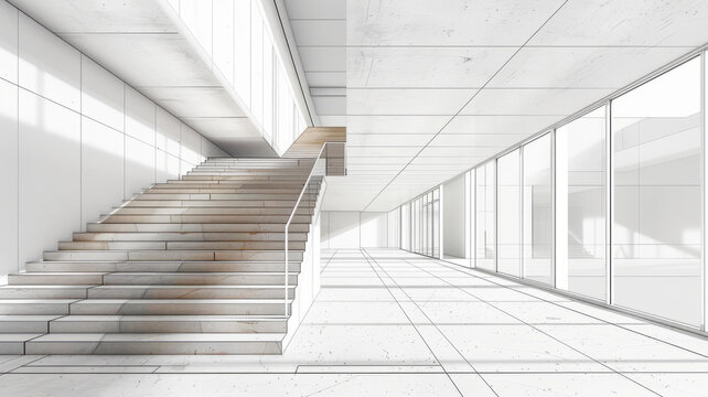 建筑素描現(xiàn)代建筑內(nèi)部樓梯和落地窗