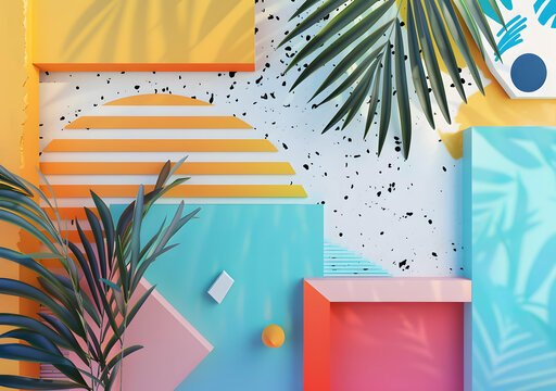 幾何圖形和棕櫚葉的抽象夏季背景
