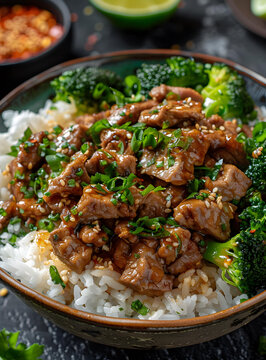 牛肉西蘭花飯配芝麻和蔥