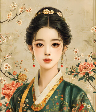 身穿韓國傳統(tǒng)服飾的年輕女子的插圖，她的頭發(fā)上裝飾著鮮花，臉上帶著寧靜的表情。