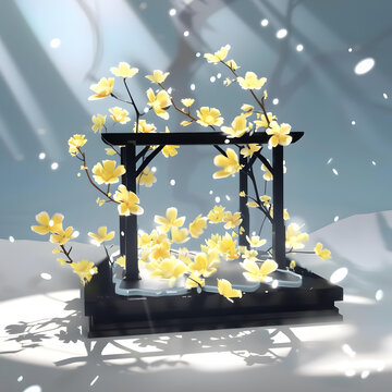 木質拱門下的黃色花朵