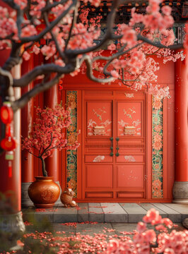 黛瓦粉桃花盛開(kāi)的中國(guó)庭院