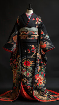 黑色花卉刺繡金線裝飾的傳統(tǒng)日本和服