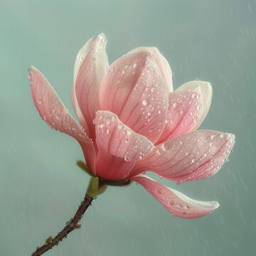 雨滴落在粉紅色的玉蘭花上