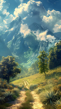 奇幻山地景觀與樹木和路徑