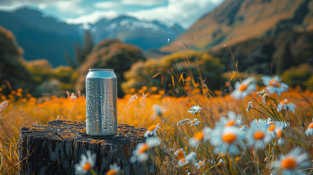 一罐啤酒靜靜地矗立在山腳下花叢中的樹墩上