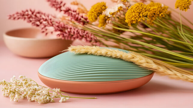 綠色和粉色陶瓷碗與干花和麥穗特寫