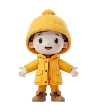 [免摳素材]一個穿著黃色雨衣和棕色鞋子的小男孩的3D渲染圖
