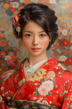 身著傳統(tǒng)日本和服的花卉圖案的年輕女性肖像