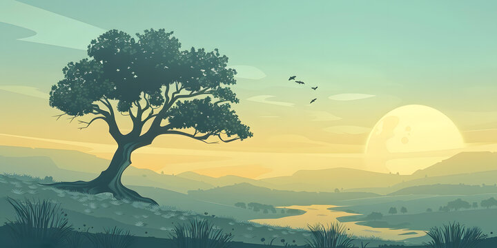 夕陽下孤樹與河流的風(fēng)景