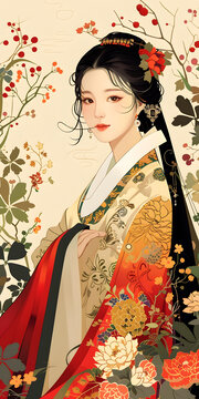 身穿紅金色調(diào)漢服的年輕女子，她有一頭烏黑的長發(fā)，周圍環(huán)繞著各種花卉和植物，這是一幅數(shù)碼作品