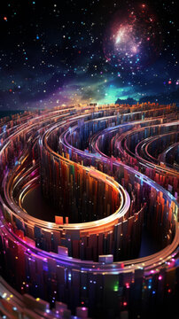 五彩繽紛的渲染未來城市與星空之夜插圖