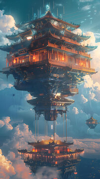 科幻：一座中國(guó)風(fēng)的建筑漂浮在空中