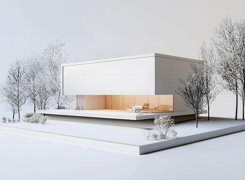 現(xiàn)代白色房屋3D模型，帶樹木和草地