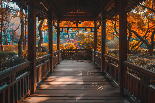 日本花園秋季紅葉木橋走廊