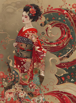 身穿紅色和服與金色腰帶的日本藝伎插圖