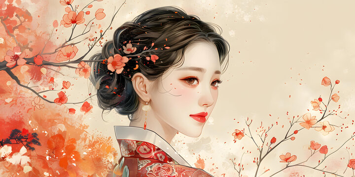 身穿韓國(guó)傳統(tǒng)服飾的美麗韓國(guó)女性和桃花的畫(huà)作