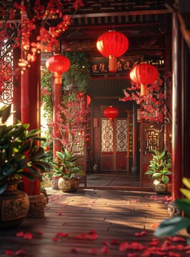 中國傳統(tǒng)庭院的紅燈籠和櫻花