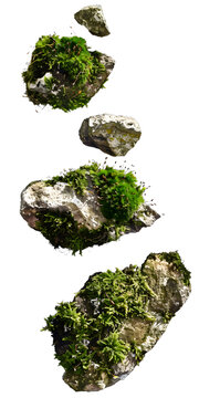 [免摳素材]白色背景上漂浮的青苔覆蓋的石頭