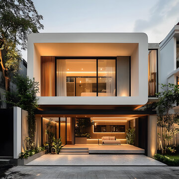 現(xiàn)代極簡主義建筑住宅，擁有大窗戶和茂密的綠植