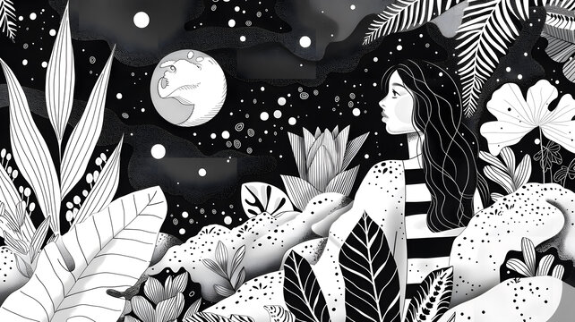 黑白風格的熱帶夜晚，月色下女人凝望星空