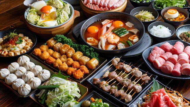亞洲美食拼盤，多種菜肴