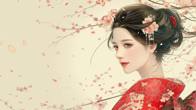 身著紅衣的亞洲女性與櫻花