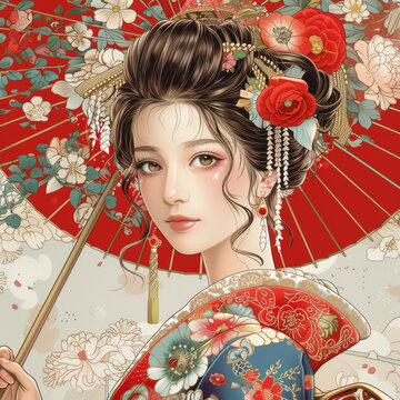身穿和服撐著紅傘的美麗日本女性