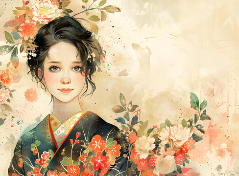 一個(gè)身穿和服的日本女人的插圖，她的頭發(fā)上裝飾著花朵。