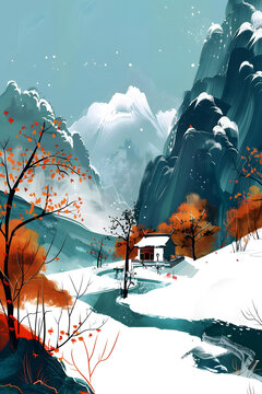 雪山河流房屋風(fēng)景