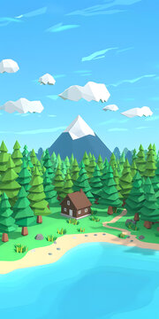 低多邊形森林小屋，山脈和湖泊