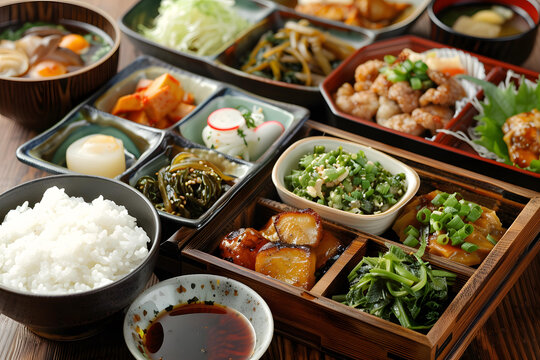 日式料理便當(dāng)盒，包含白米飯、海藻和烤魚