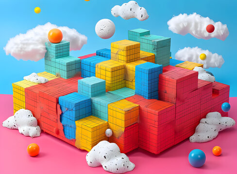 五顏六色的 3D俄羅斯方塊積木與云朵和球體