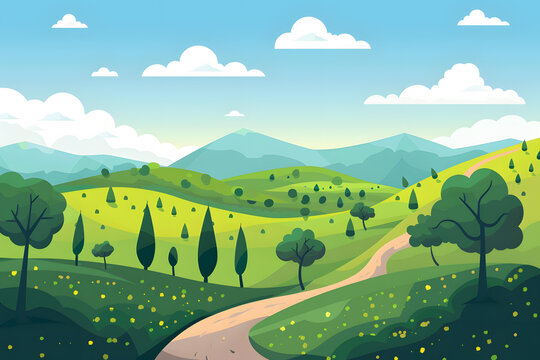 卡通綠色山丘和蜿蜒小路風(fēng)景