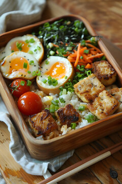 日式便當(dāng)盒，米飯，雞蛋和豆腐