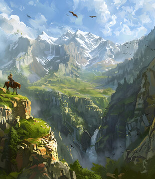 騎馬的騎士與夢(mèng)幻山脈景觀