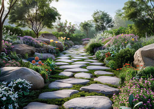 石子小路穿梭蔥郁花園