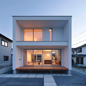 現(xiàn)代兩層白色住宅帶木質(zhì)平臺(tái)和大型窗戶